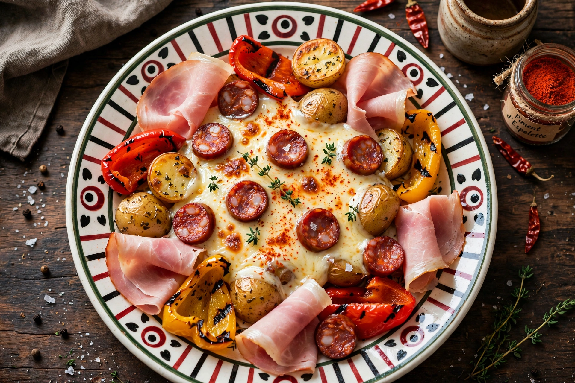 Raclette basque au chorizo, jambon, poivrons grillés et piment d'Espelette