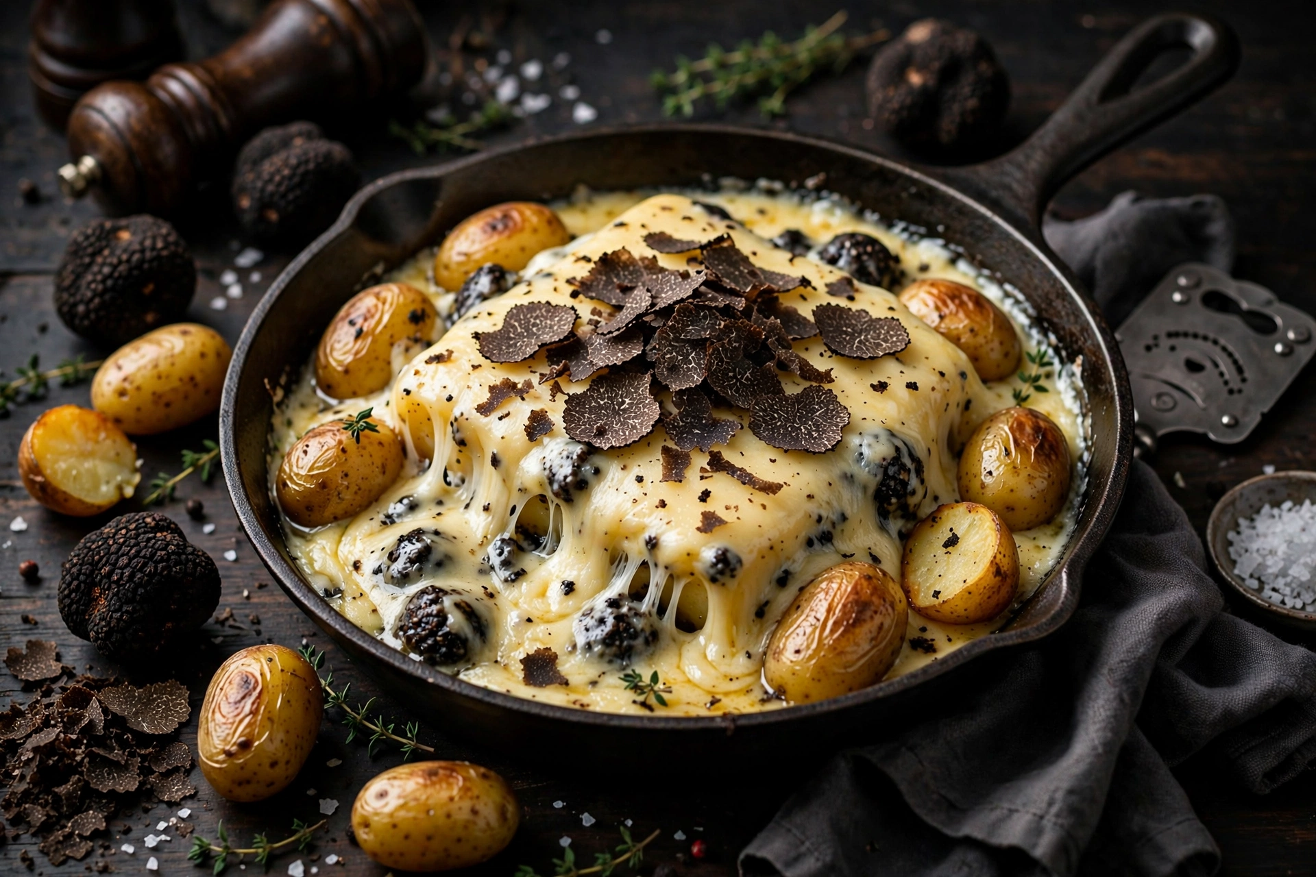 Raclette à la truffe noire : fromage fondu, lamelles de truffe et pommes de terre grenaille