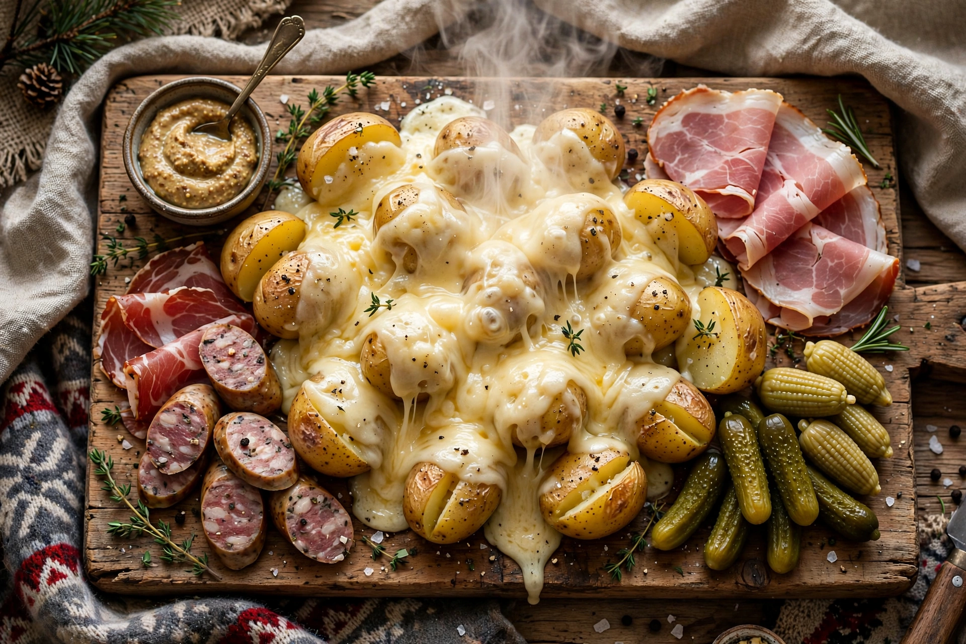 Planche de raclette savoyarde : pommes de terre, fromage fondu, jambon cru, saucisson, cornichons et moutarde