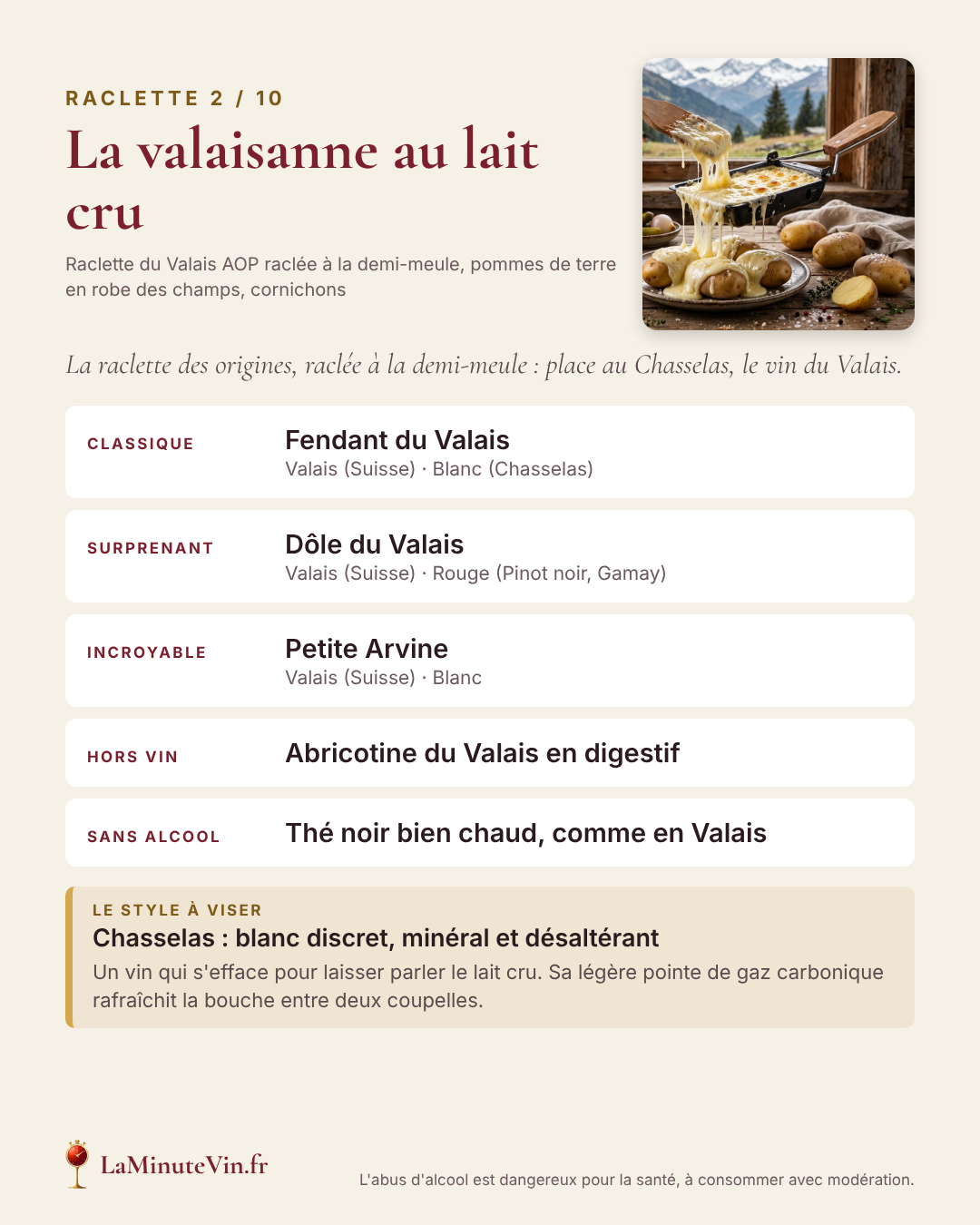 Slide 2 sur 10 : La valaisanne au lait cru — trois vins, un accord hors vin, un sans alcool et le style de vin à viser