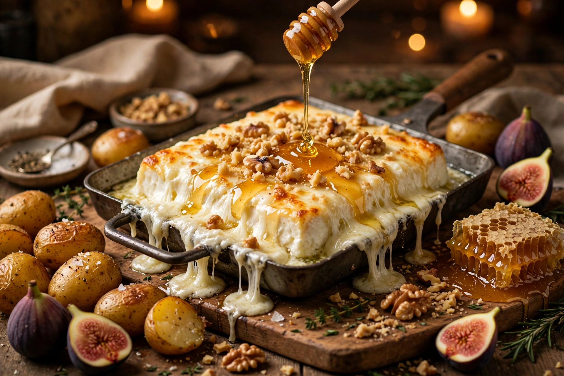 Raclette au chèvre avec miel coulant, noix et figues fraîches