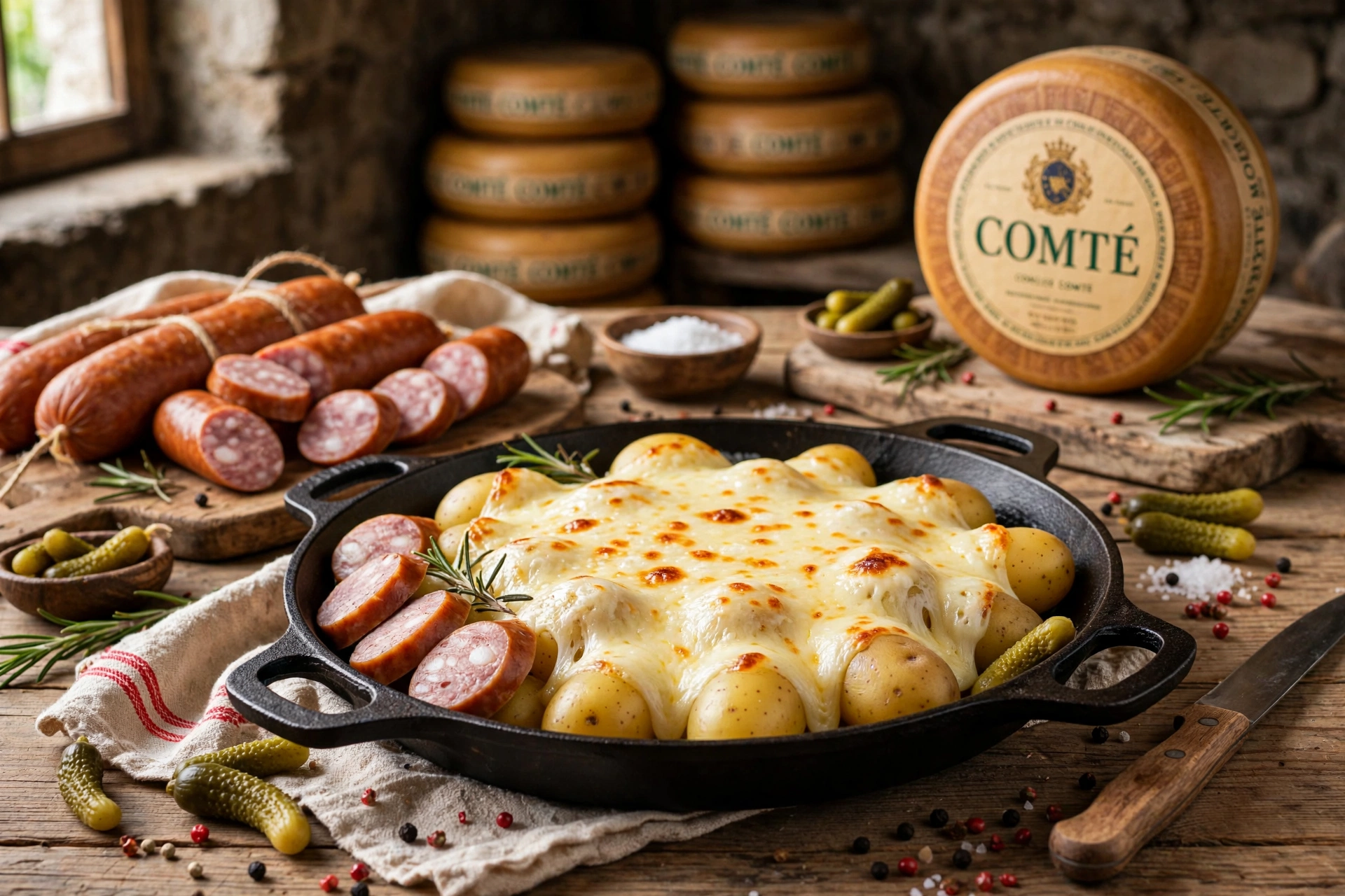 Raclette comtoise au Morbier avec saucisse de Morteau, cornichons et meules de Comté