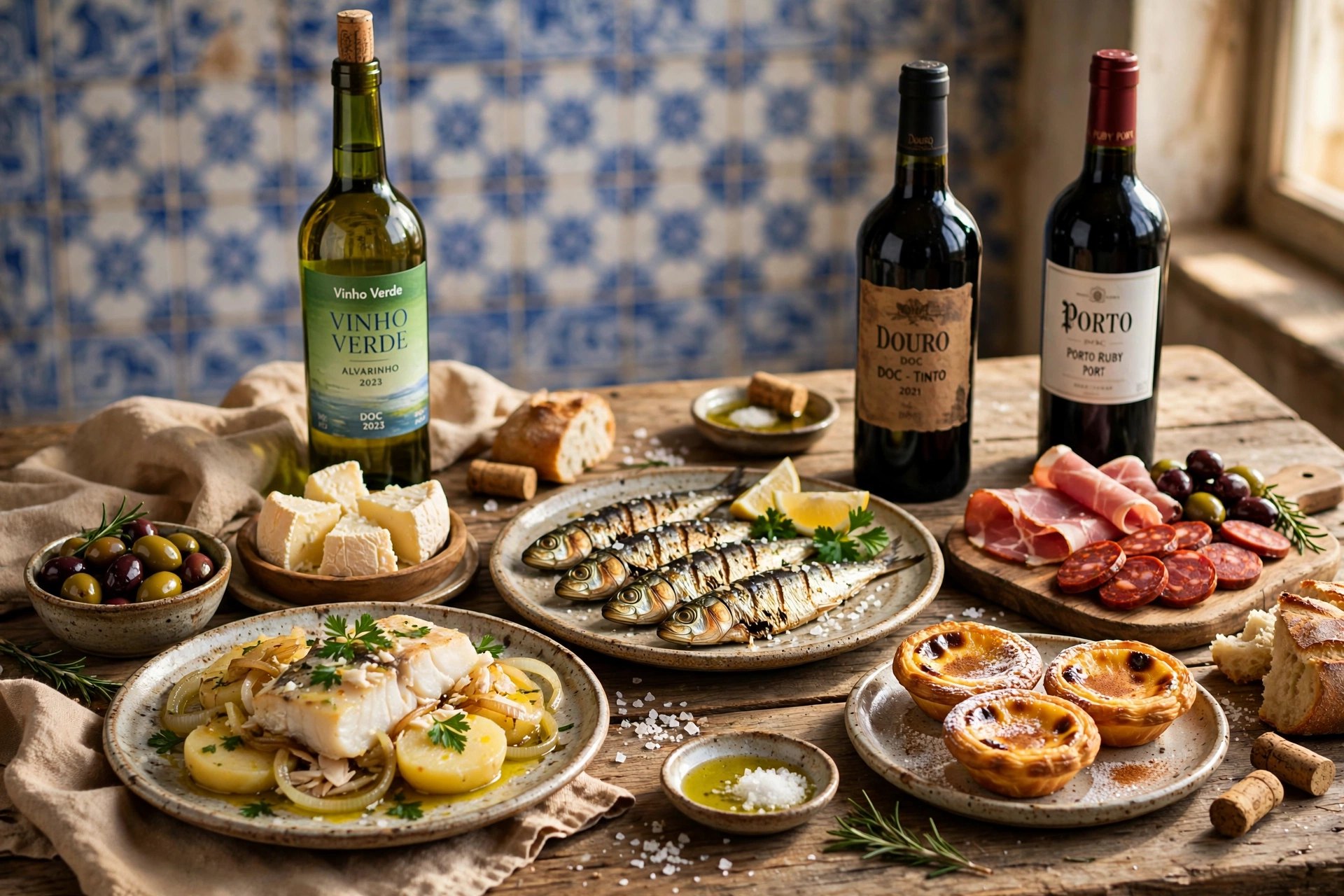 La table du dîner portugais : sardines grillées, bacalhau, pastéis de nata, charcuterie et trois bouteilles — Vinho Verde, Douro et Porto — sur fond d'azulejos