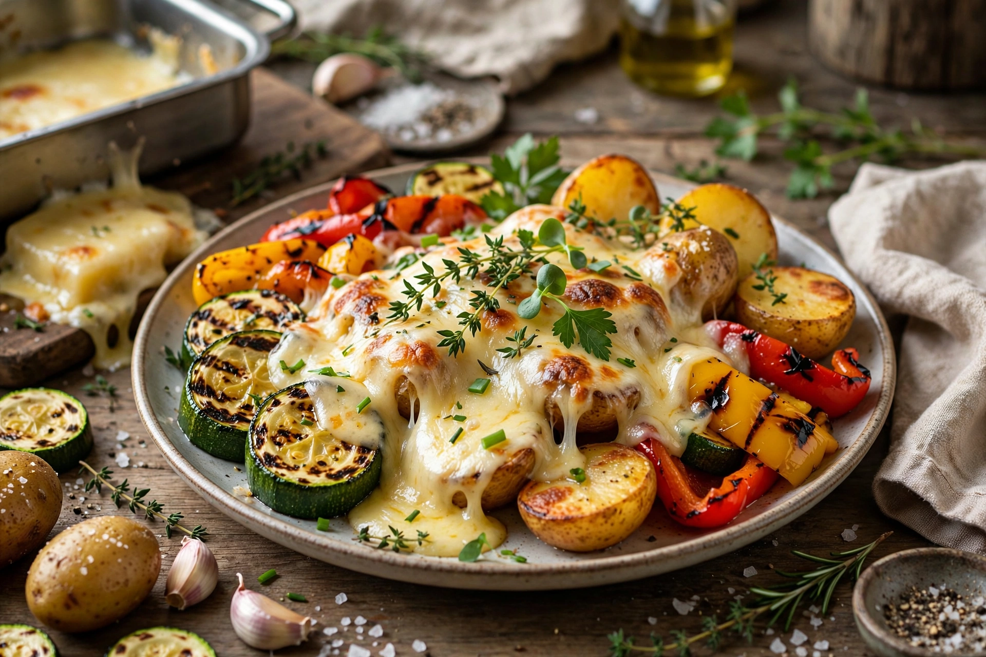 Assiette de raclette végétarienne aux légumes grillés : courgettes, poivrons et pommes de terre