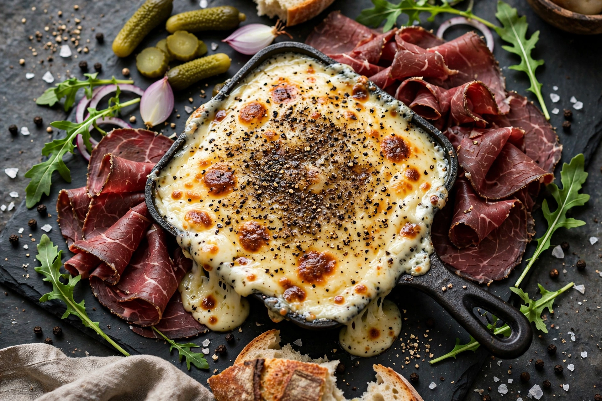 Raclette au poivre noir concassé, entourée de viande des Grisons et de cornichons