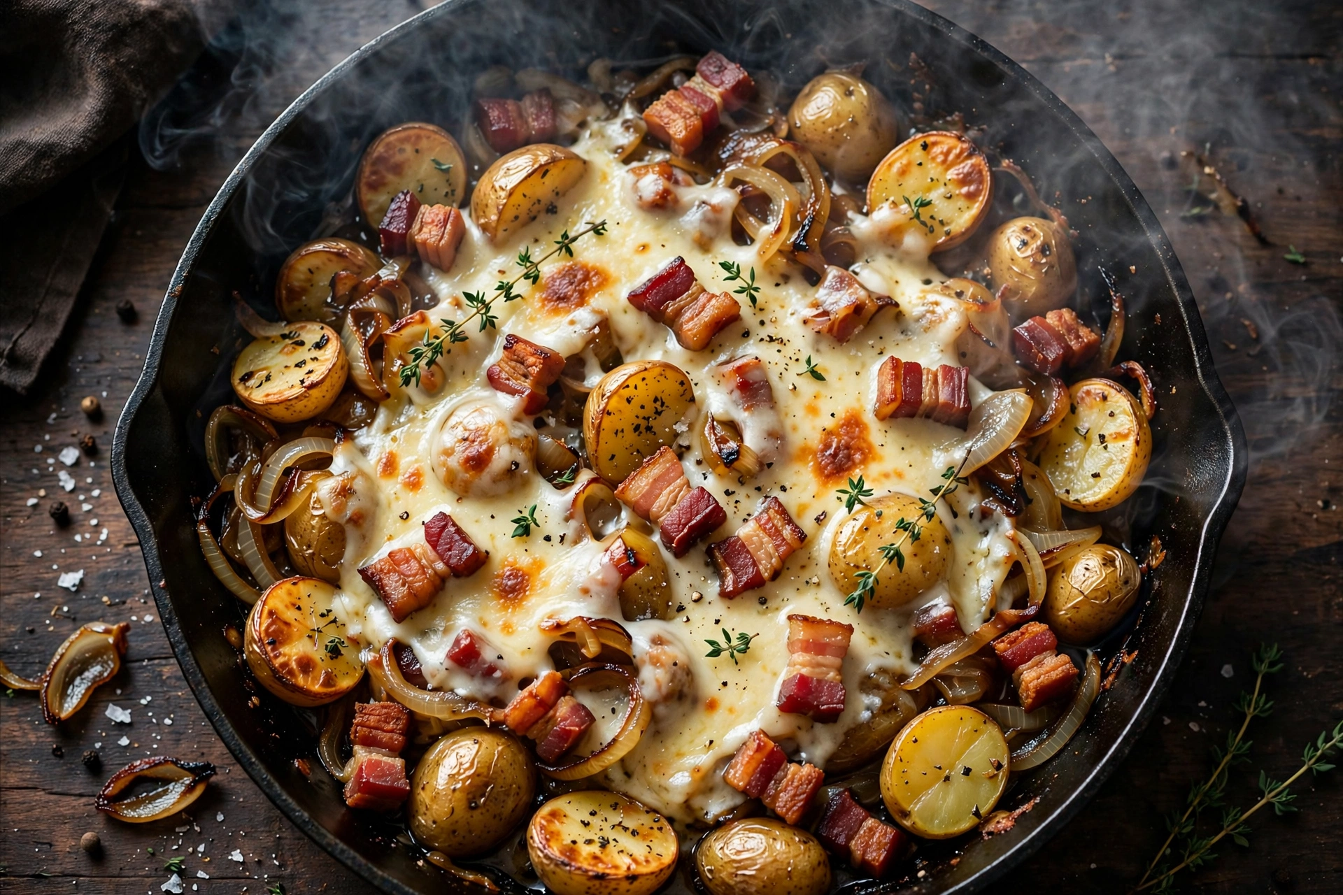Poêle de raclette fumée aux lardons et oignons confits, avec pommes de terre grenaille