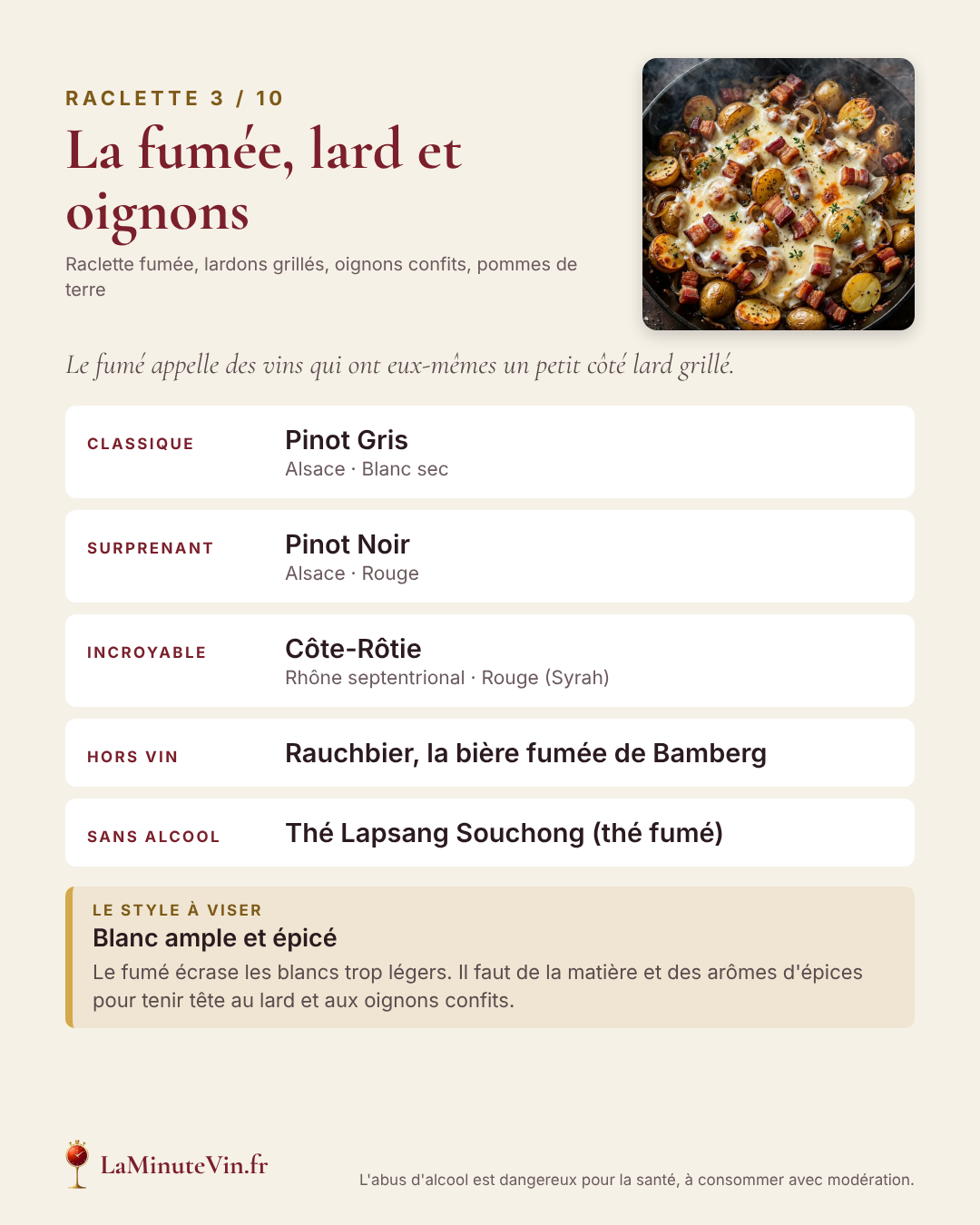 Slide 3 sur 10 : La fumée, lard et oignons — trois vins, un accord hors vin, un sans alcool et le style de vin à viser