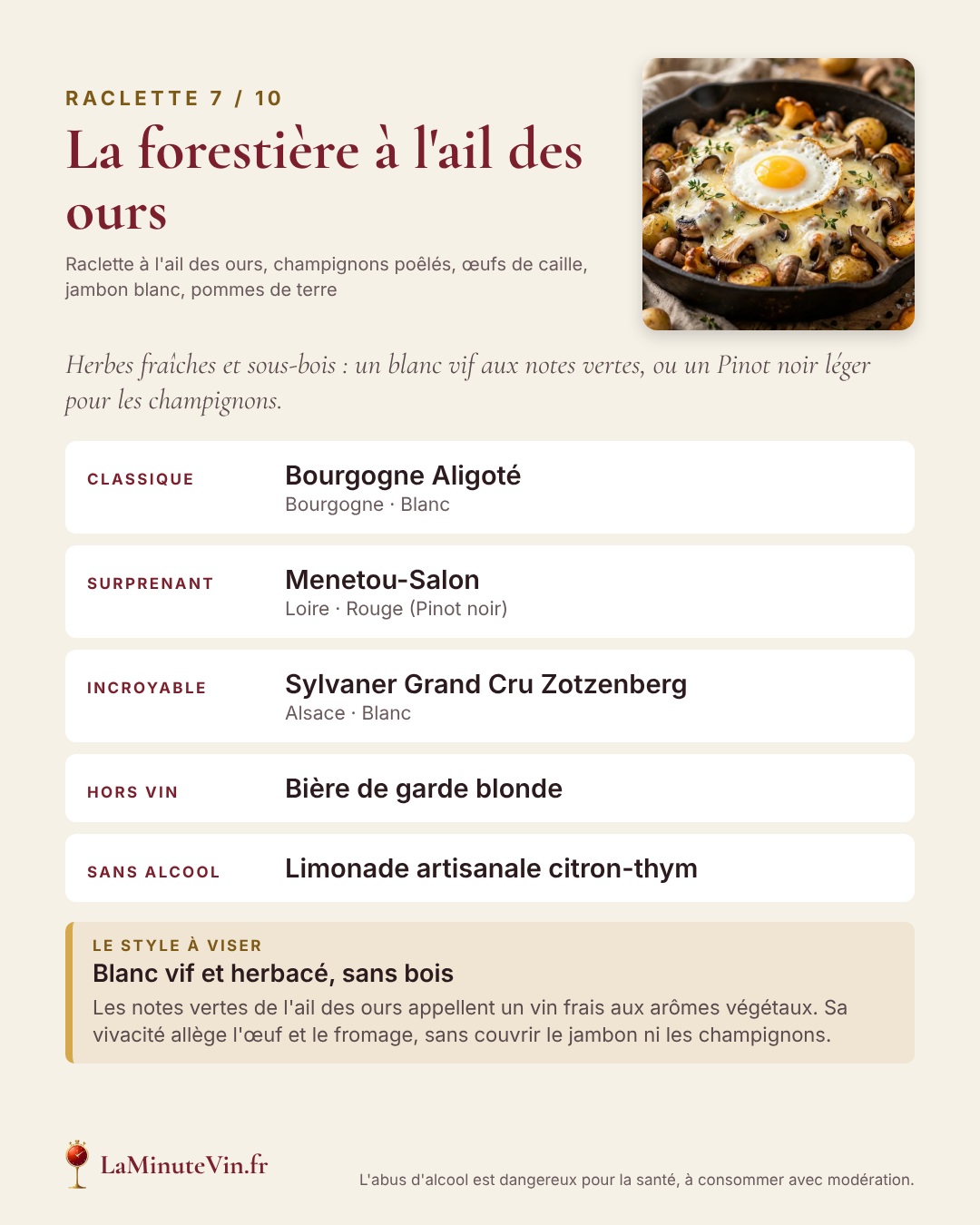 Slide 7 sur 10 : La forestière à l'ail des ours — trois vins, un accord hors vin, un sans alcool et le style de vin à viser