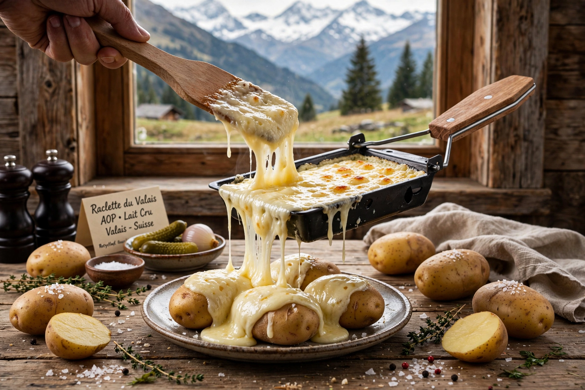 Raclette du Valais AOP au lait cru coulant sur des pommes de terre, devant un paysage alpin