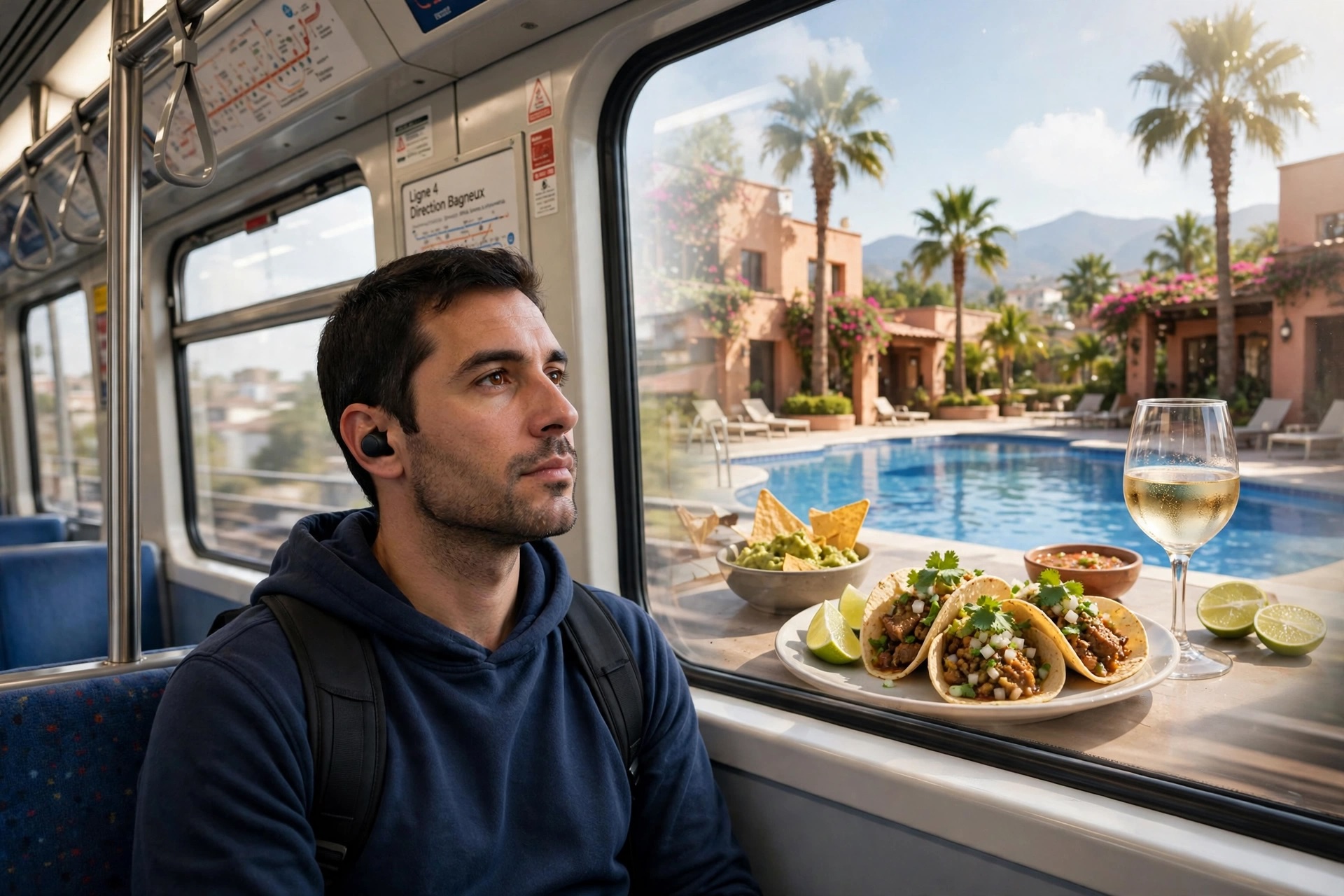 Un passager du métro qui rêve d'une soirée mexicaine, tacos et verre de vin blanc en vue