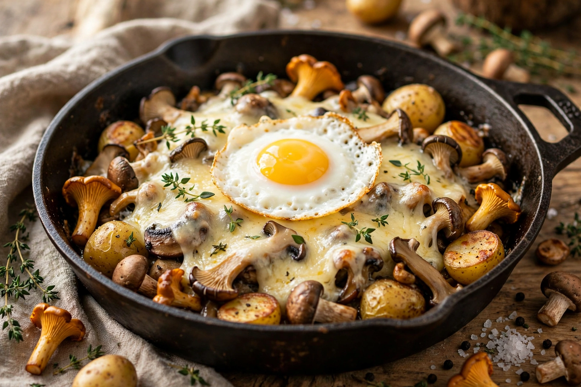 Poêle de raclette forestière aux girolles et champignons, avec un œuf au plat