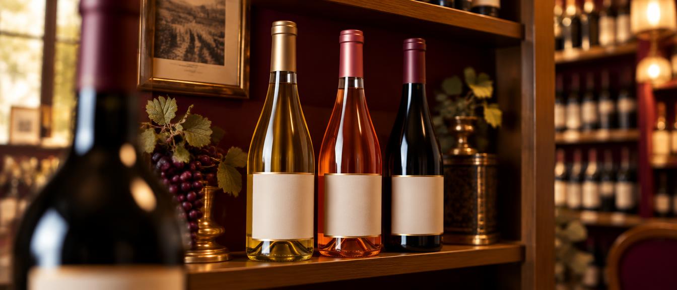 Une bouteille de vin entourée de trois autres bouteilles sur une étagère de caviste